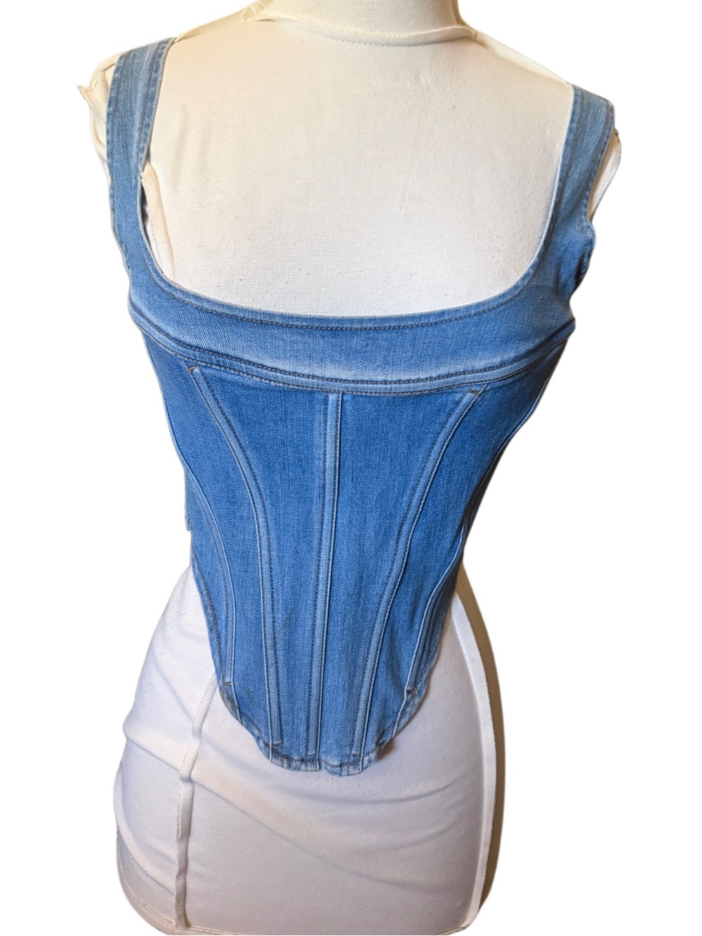 Olivaceous REVOLVE Light Blue Denim Corset Top Sz small zips in the back